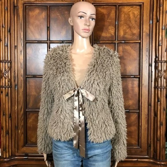 Max Studio Faux Curly Lamb Fur Satin Tie Jacket - Picture 1 of 11